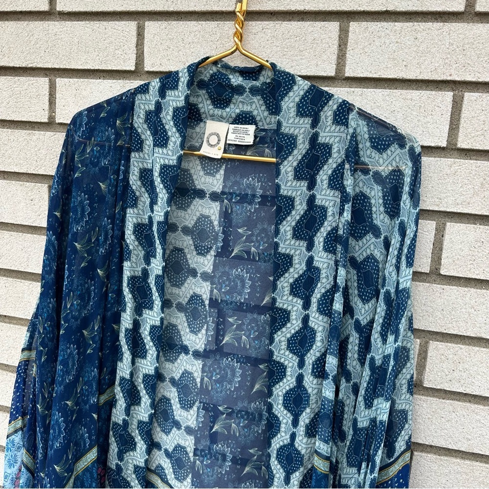 Akemi + Kin Blue Patchwork Kimono Open Front Sheer Boho Layering Wrap OS - Picture 4 of 9